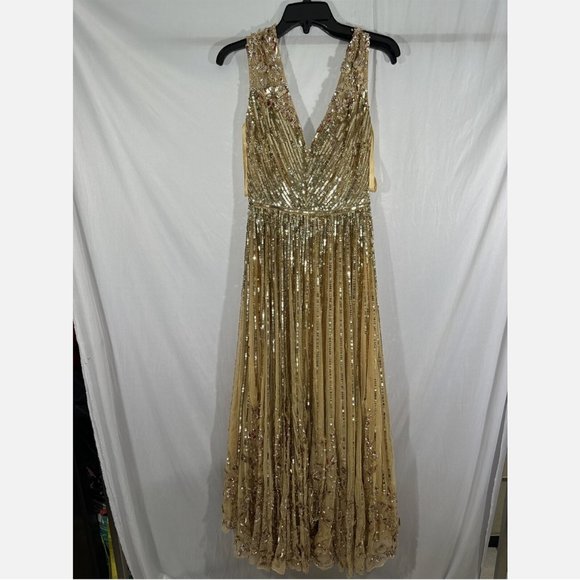 NEW $798 Mac Duggal [ 6‎ ] Sequin & Floral Embellished Evening Gown Gold - Picture 8 of 16